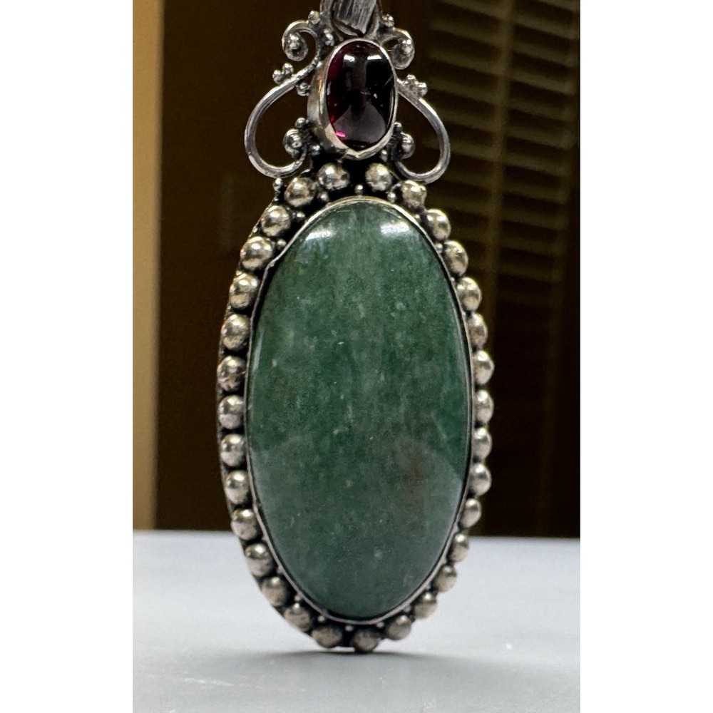 925 Sterling Silver Large Green Cabochon Red Stone Pendant 19.25g